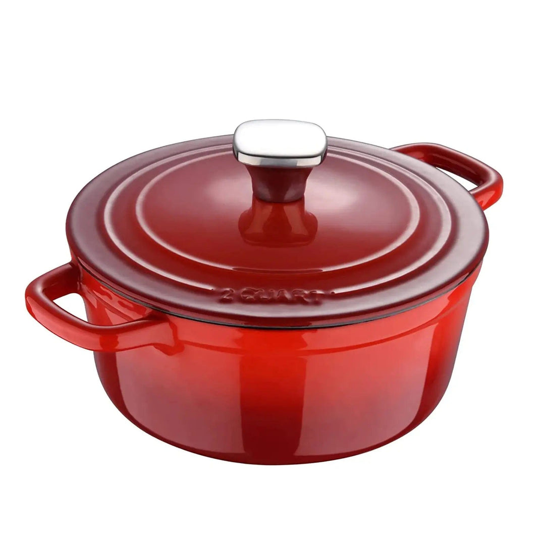 Red ombre enamel casserole dish with matching lid and cast iron handles