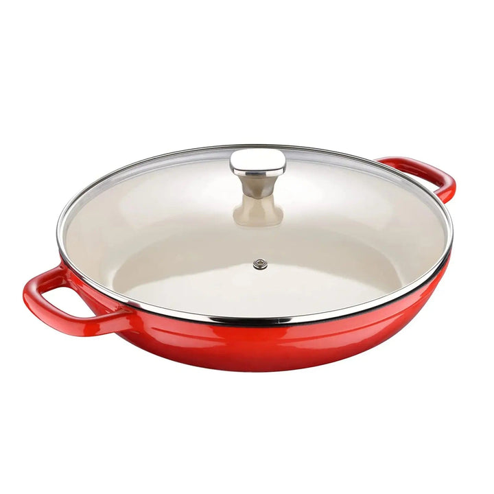 Red shallow casserole dish with glass lid and silver handle