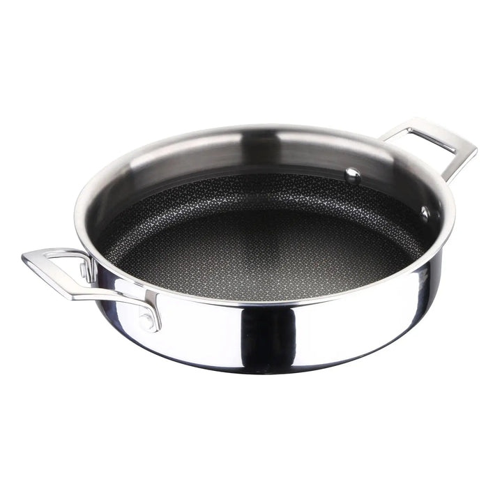 Polshed steel shallow casserole pot with handles and black non-stick interior