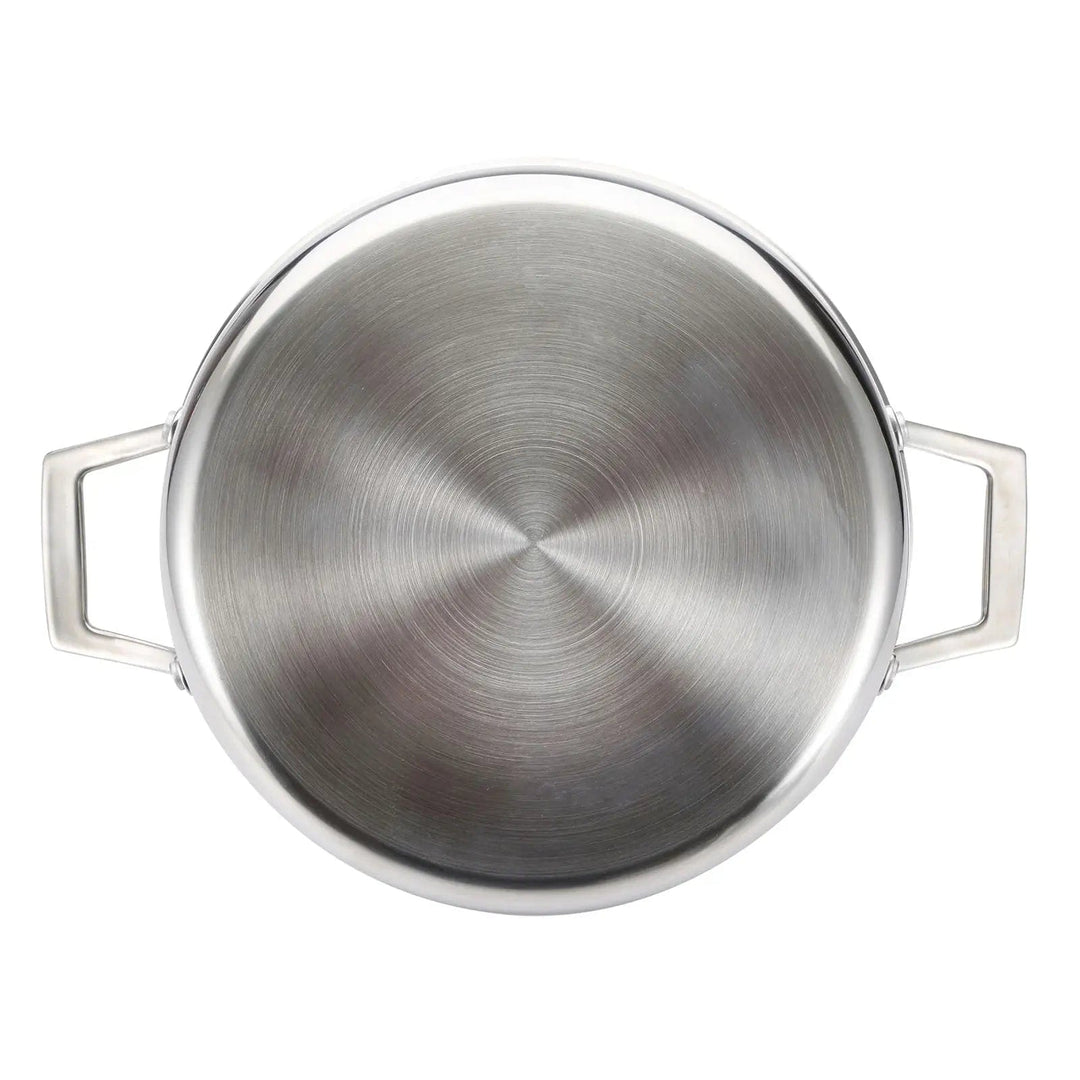 Base of a silver stainless steel casserole pot