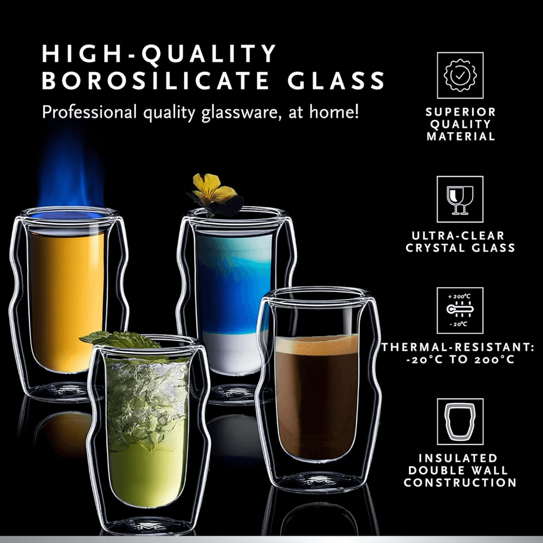 high quality borosilicate glass graphic highlighting superior quality, crystal glass, thermal resistance and double wall features