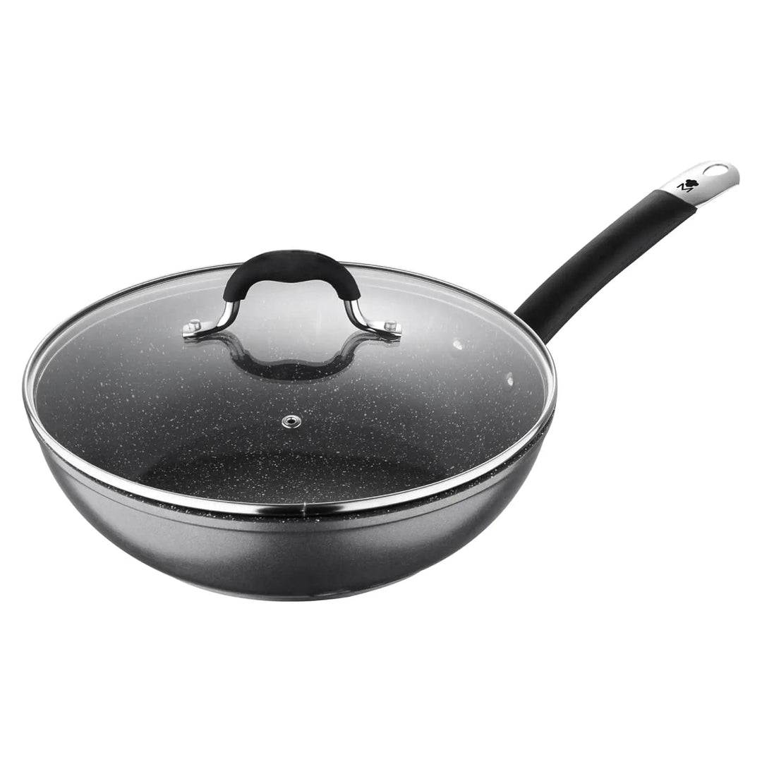 Dark grey aluminium wok with glass lid nad black handle