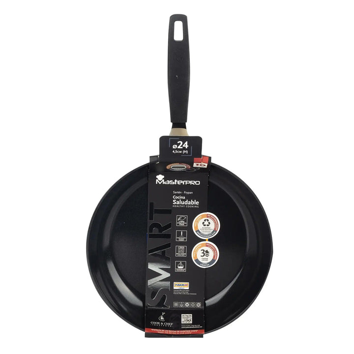 Top view of a 24cm MasterPro frying pan that is dishwasher safe