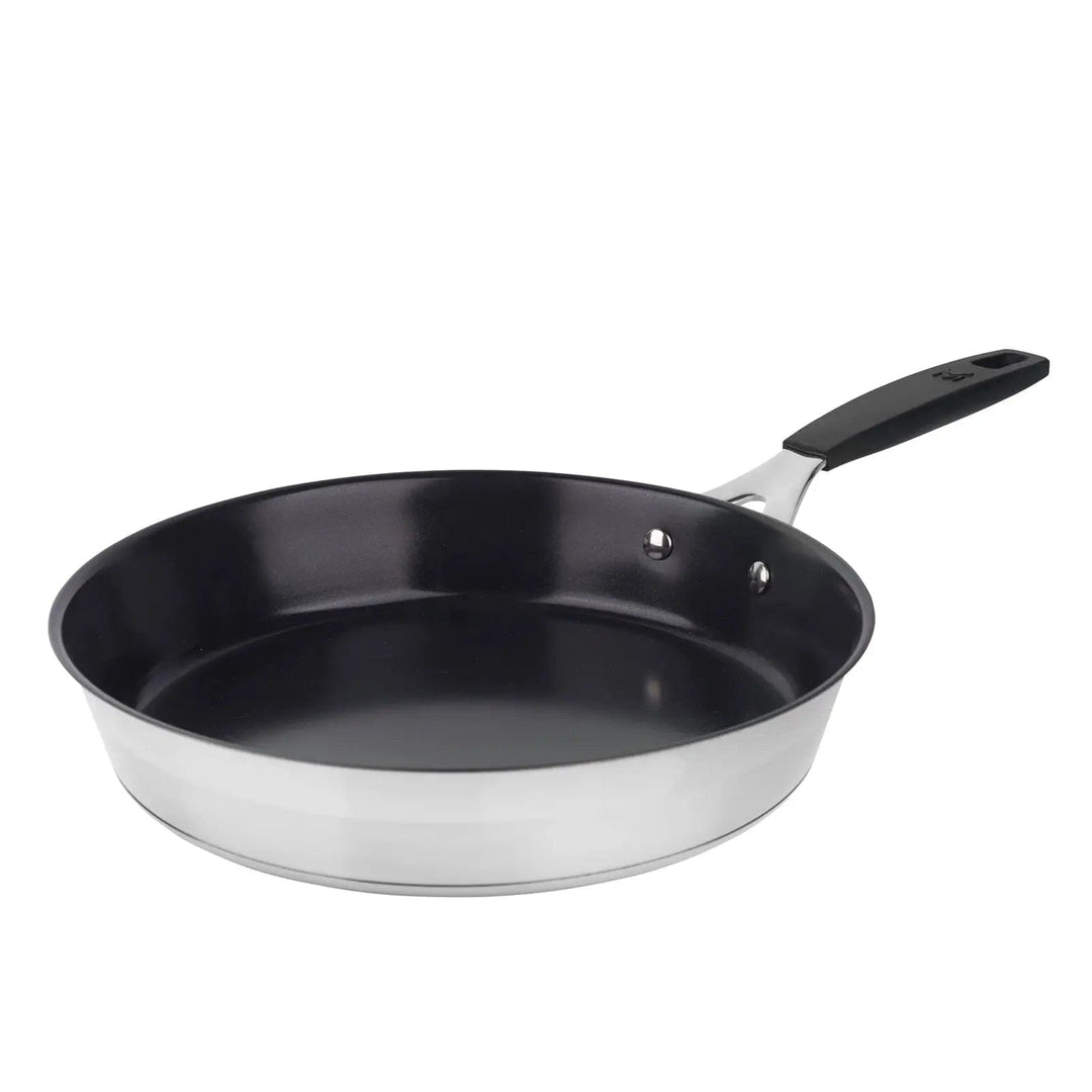 Small stainless steel frying pan with black non-stick interior and handle