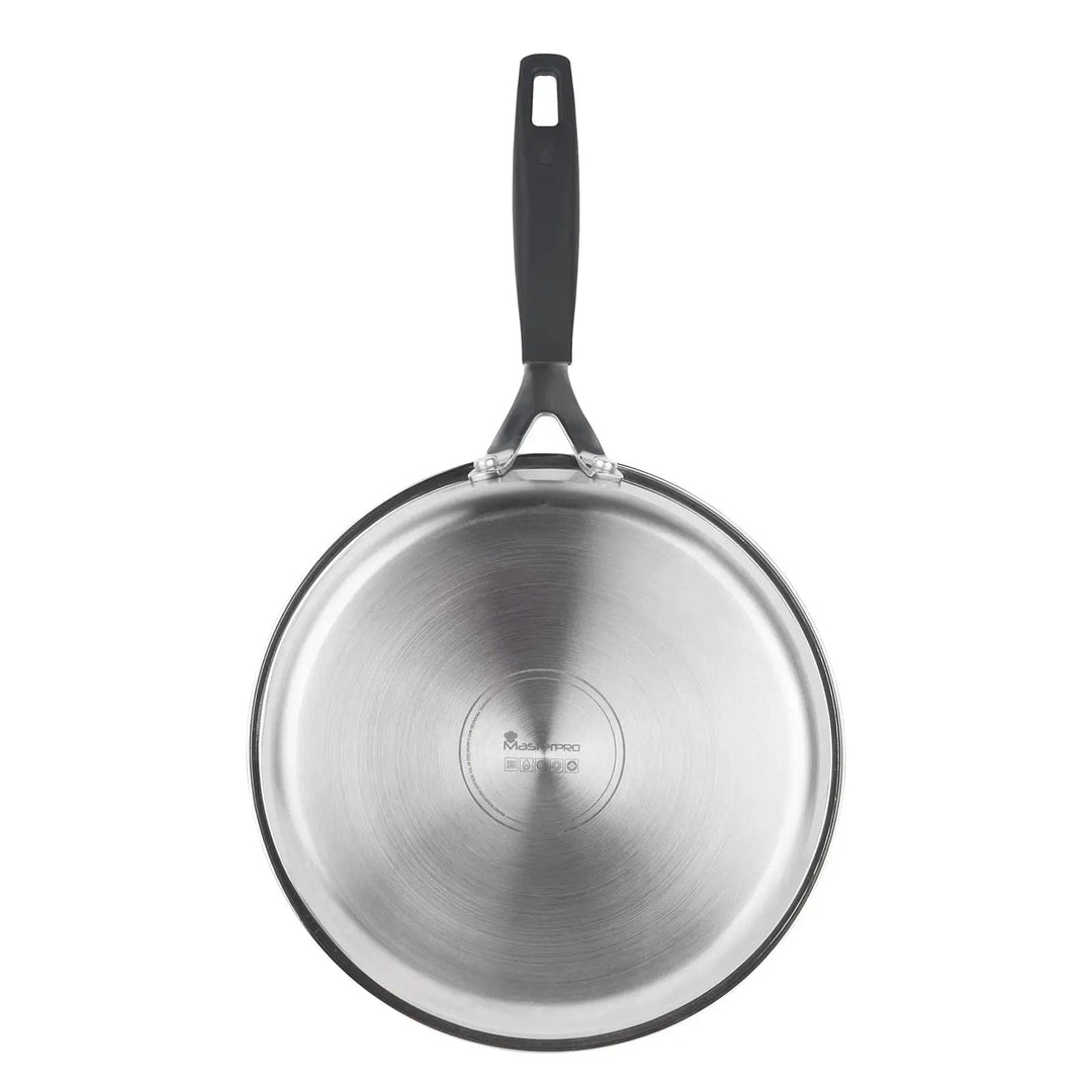 Base of a MasterPro stainless steel frying pan with black handle