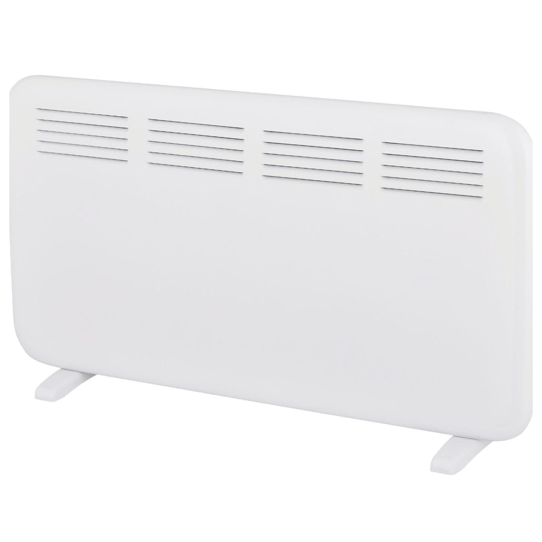 white convector panel room heater with free standing feet to the base