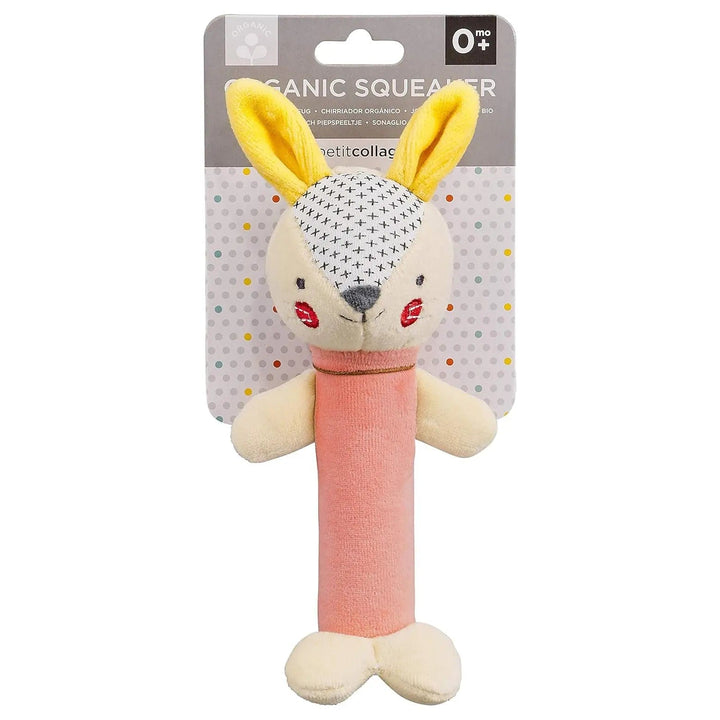 Pink bunny with big yellow ears design organic squeaker toy for babies