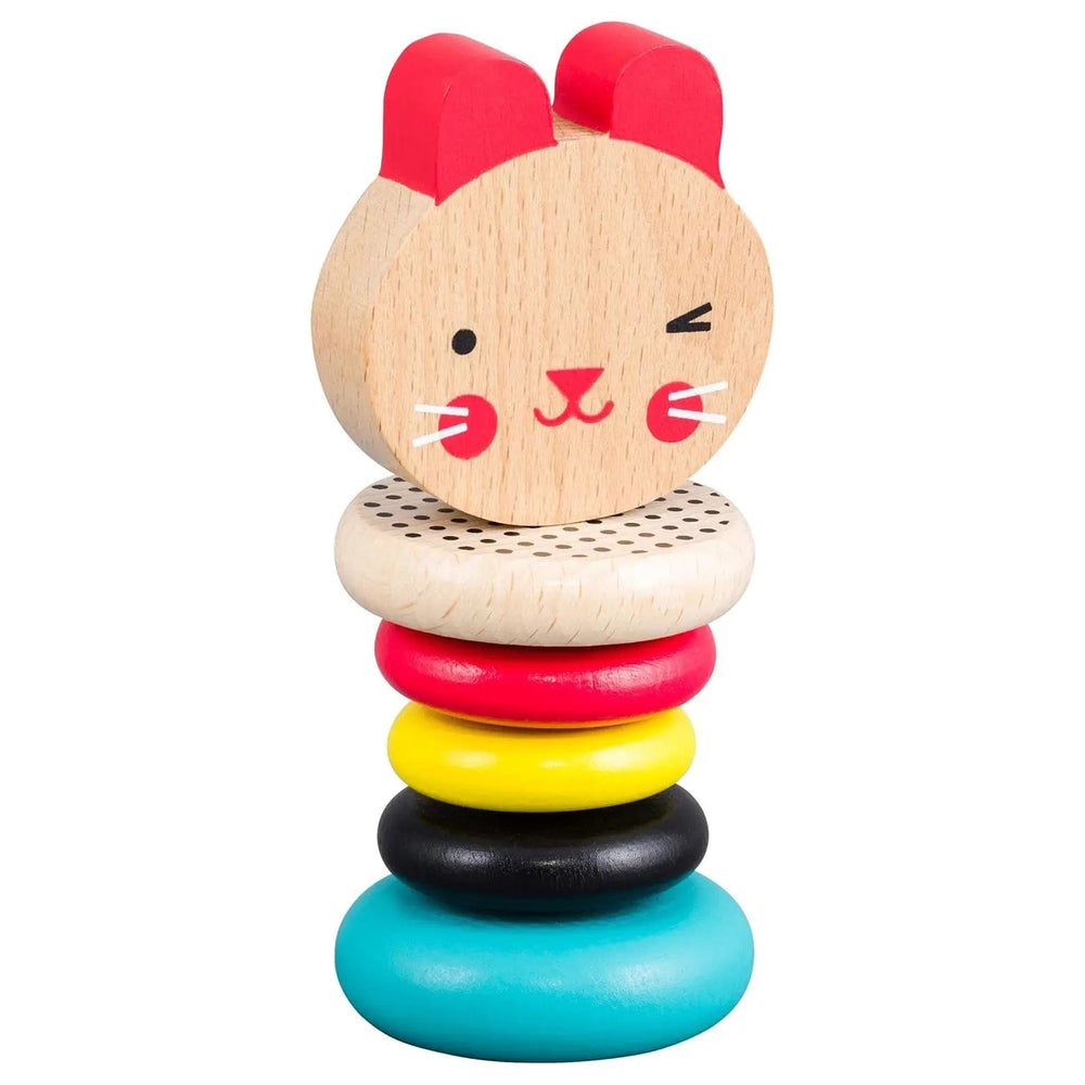 Modern Bunny wooden rattle with 5 brightly coloured wood rings