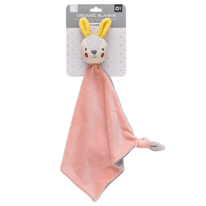 Organic Blankie, soft baby blanket comforter in pink and grey with cute bunny face