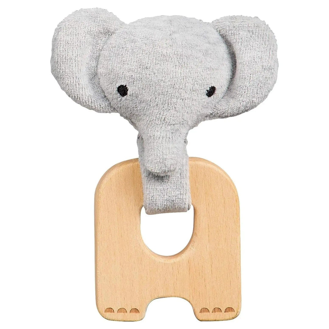 Wooden teether with soft grey elephant head