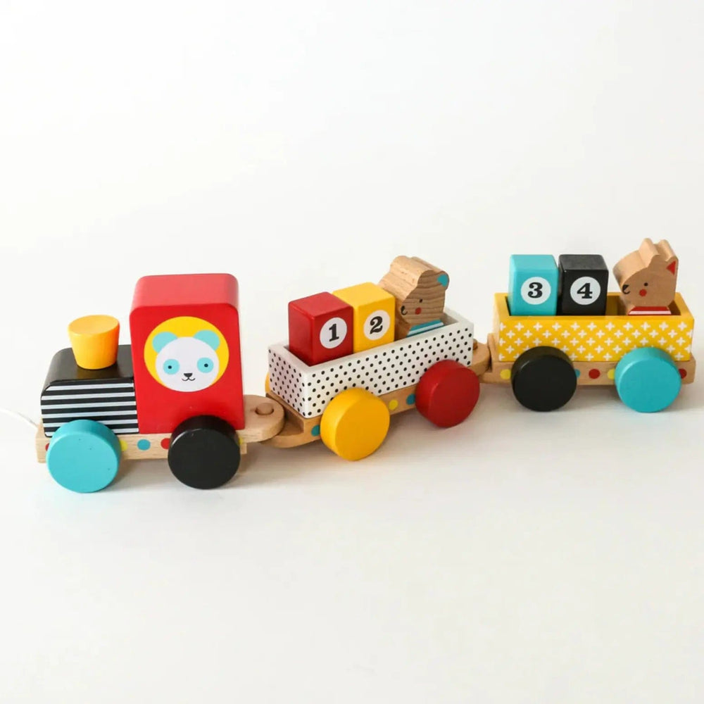 Brightly coloured wooden pull along train toy