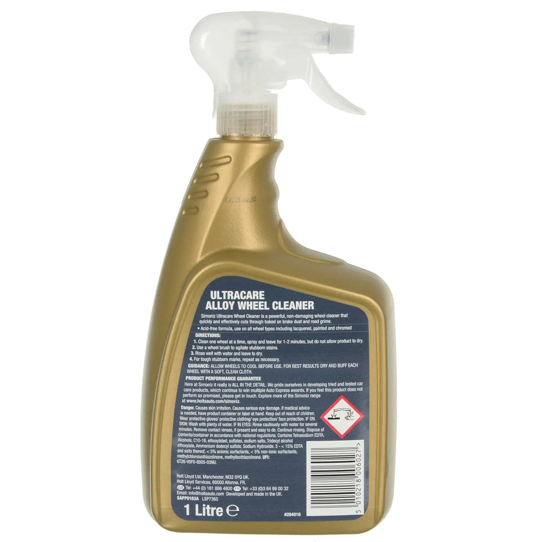 Bakc of a gold spray bottle of 1 litre formula ultracare allow wheel cleaner