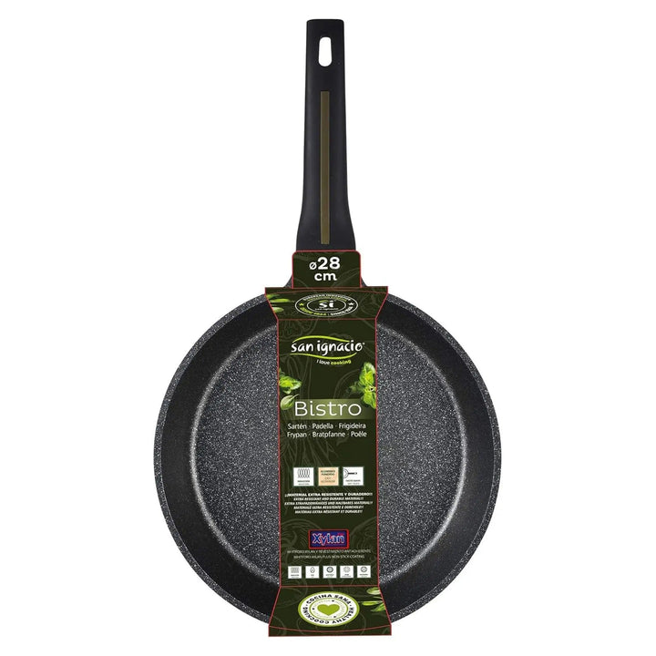 Top down view of a Bistro 28cm frying pan with colour inset handle, and packaging sleeve