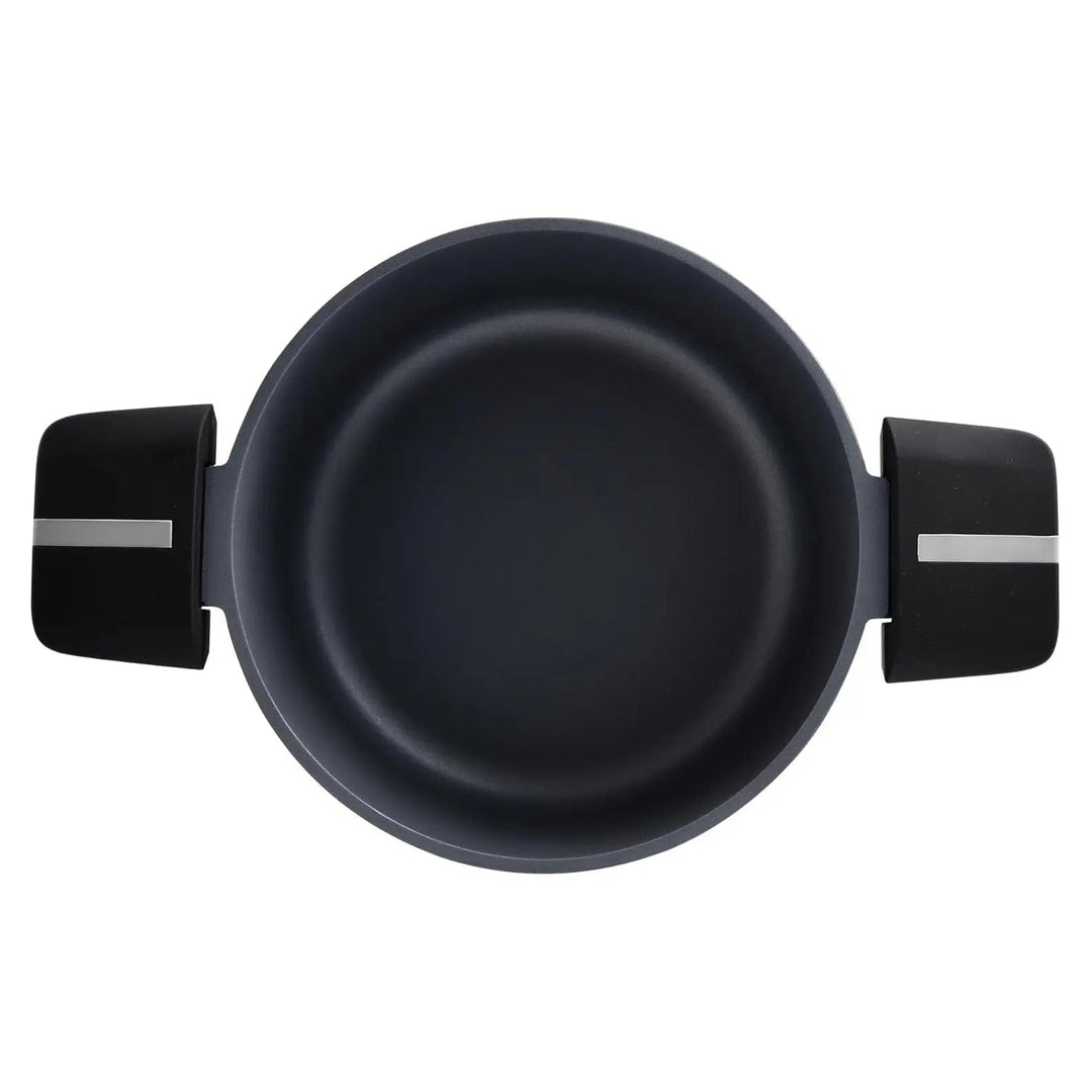 Top view of a black casserole dish with non stick coating