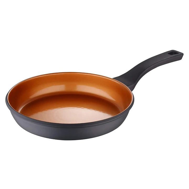 Large bronze non-stick frying pan with black handle