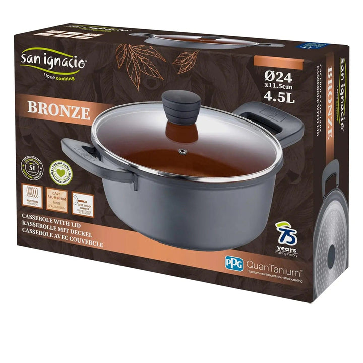 Box packaging for a 4.5L Bronze Casserole pot with glass lid 