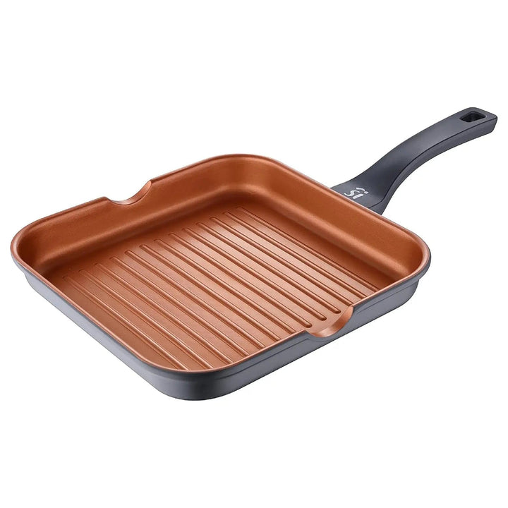 Bronze interior grilling pan with ridged surface and pouring lips, black handle with hanging hole