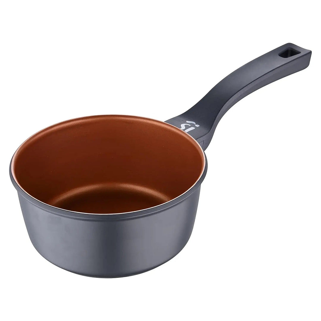 Small black saucpan with bronze interior coating and hanging hole on handle