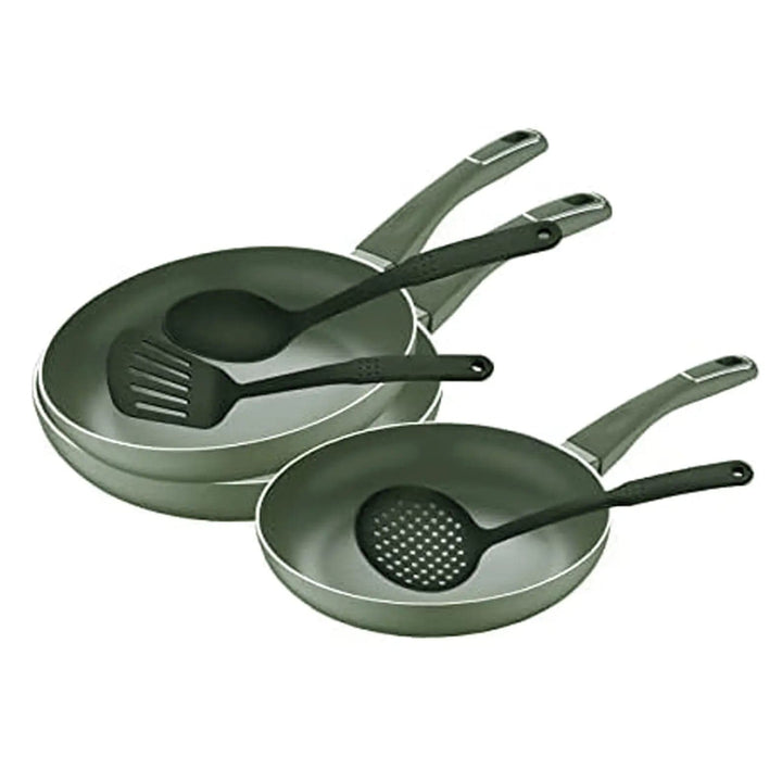 Set of 3 green frying pans with 3 cooking utensils