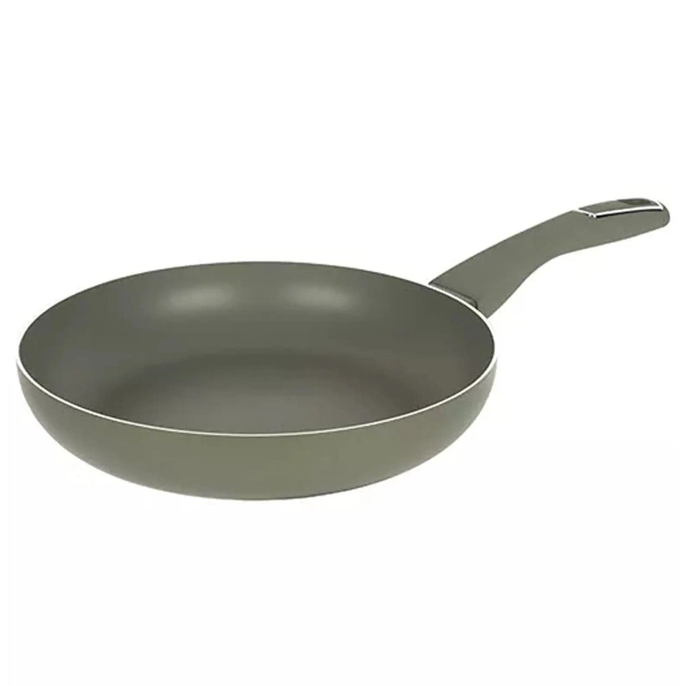 large green coated frying pan with silver inset on handle