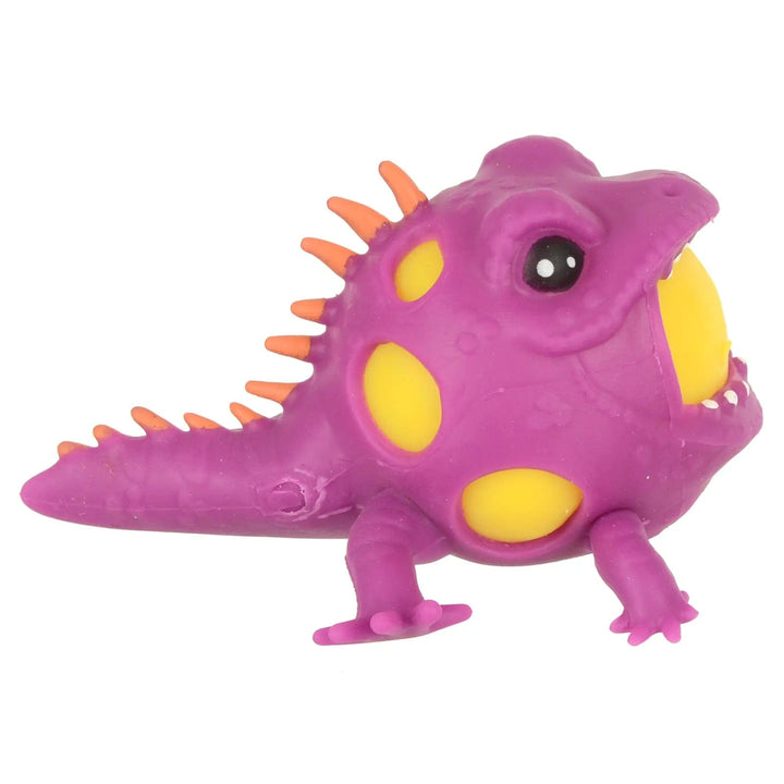 Side view of a purple and yellow squeezy lizard ball squishy toy