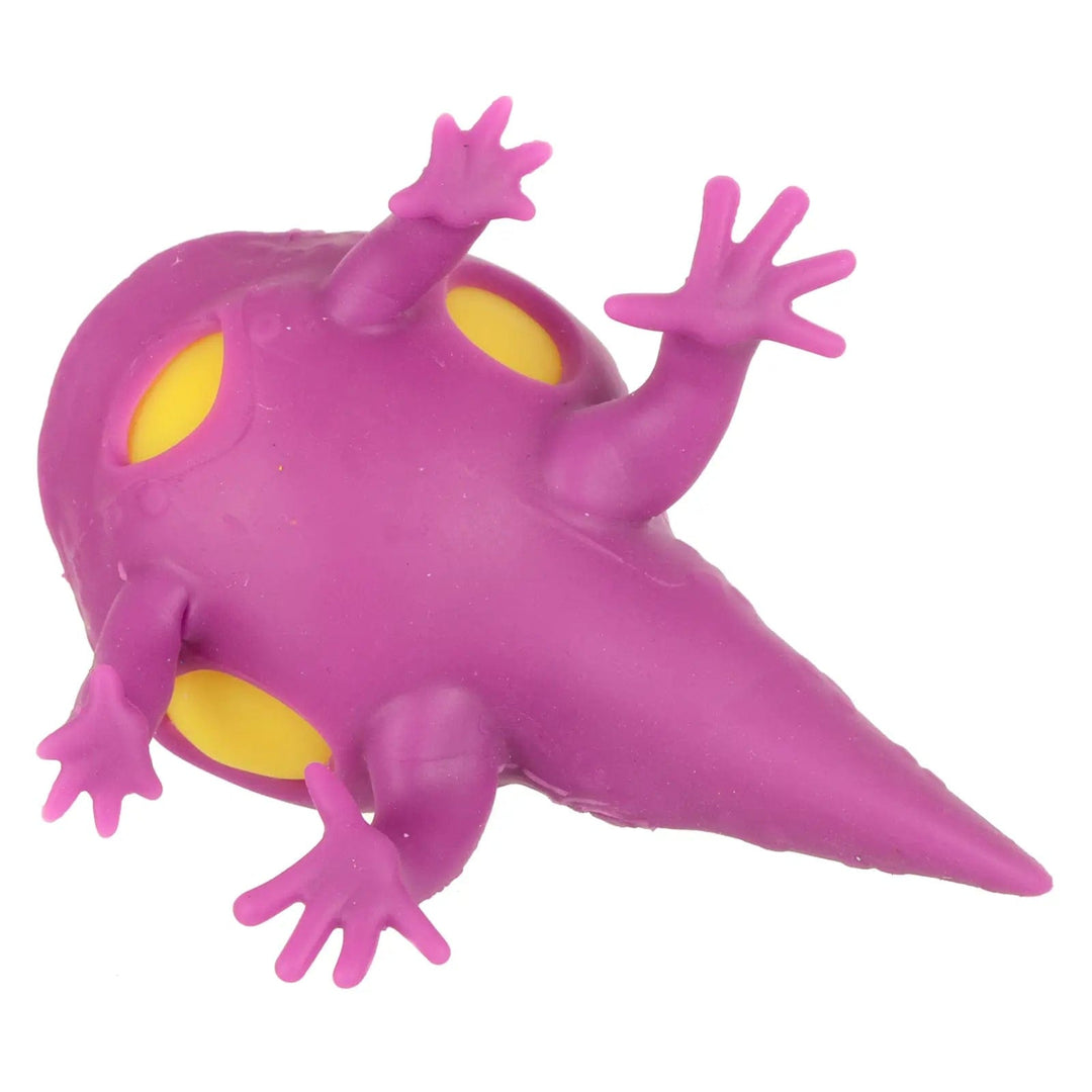 Underside of a purple and yellow squeezy lizard ball squishy toy