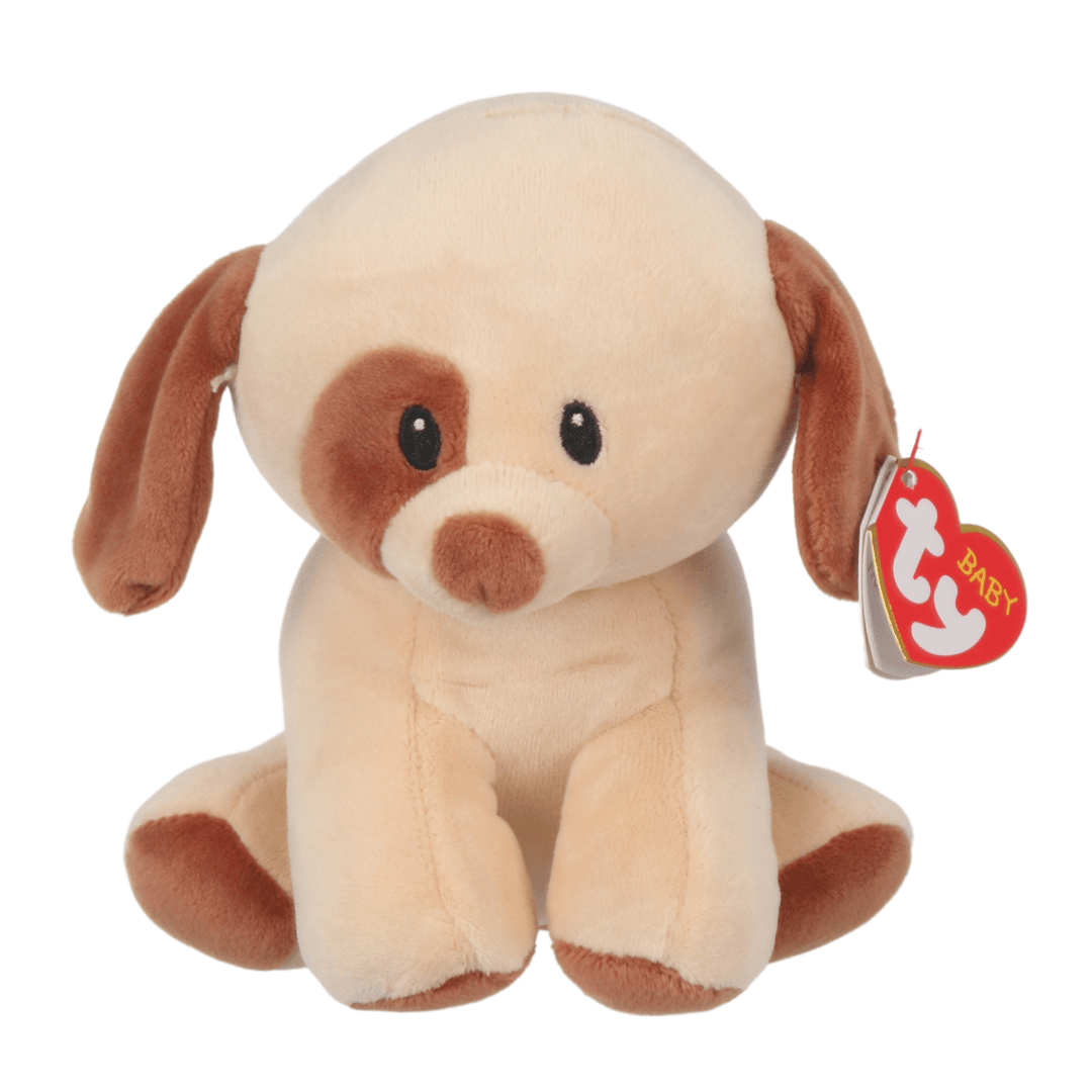 front view of plush brown dog with ty baby tag on his ear