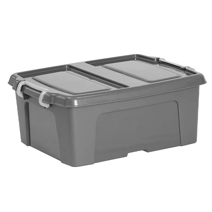 stackable grey storage box with light grey clip locking handles