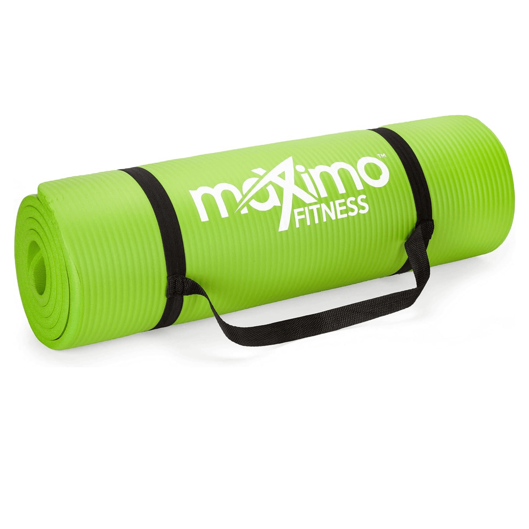 maximo fitness green excercise mat with black heavy duty carry strap