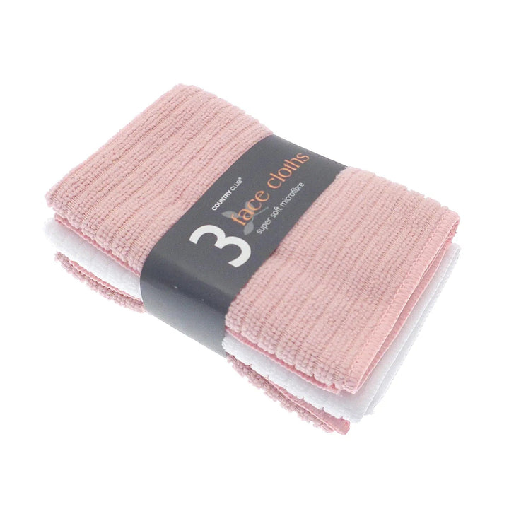 Pack of 3 face cloths in pink and white super soft microfibre