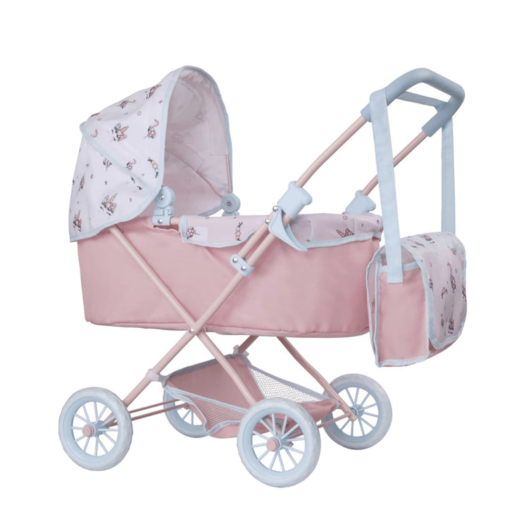 A pink toy pram with light blue handles, showcasing a white canopy adorned with flamingo, flower, and butterfly designs. The pram features white wheels, a pink crossbar frame, and a matching pram bag hanging on the handle.