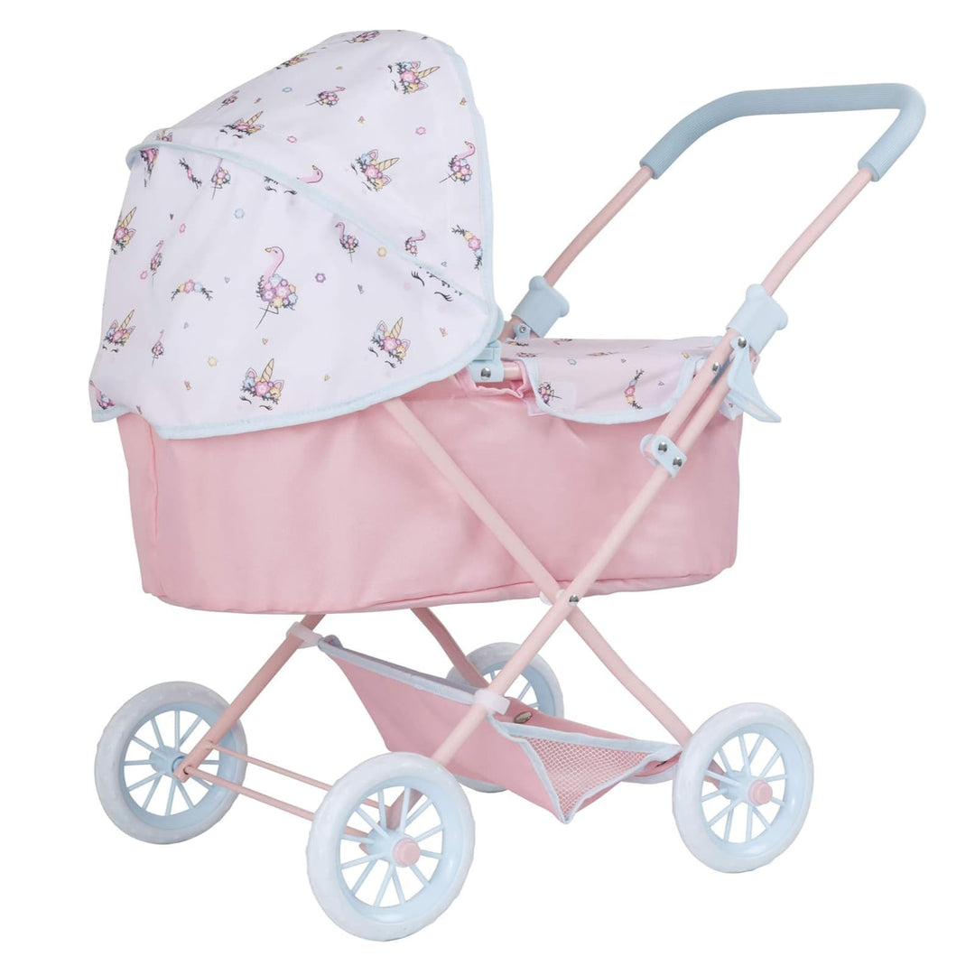 A toy pram with a pink base and light blue handles. The pram's canopy is decorated with a white fabric featuring illustrations of flamingos, flowers, and butterflies. It has white wheels with a red center and a pink crossbar structure, offering a playful and charming appearance.