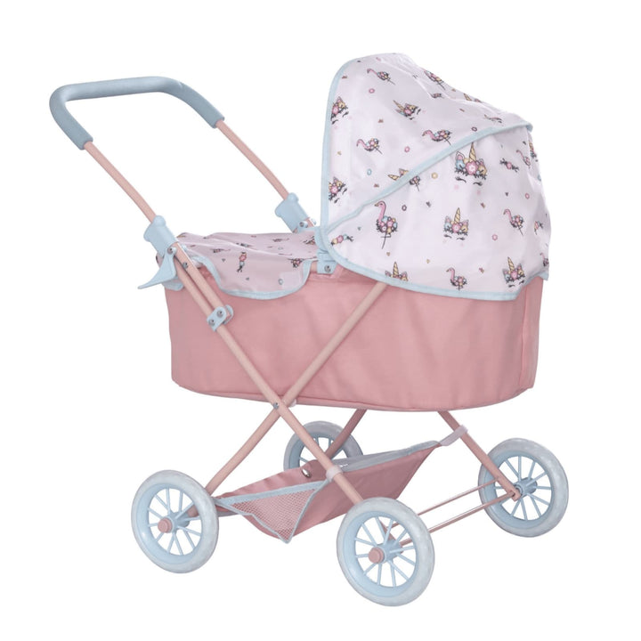 A toy pram with a pink base and light blue handles. The pram's canopy is decorated with a white fabric featuring illustrations of flamingos, flowers, and butterflies. It has white wheels with a red center and a pink crossbar structure, offering a playful and charming appearance.