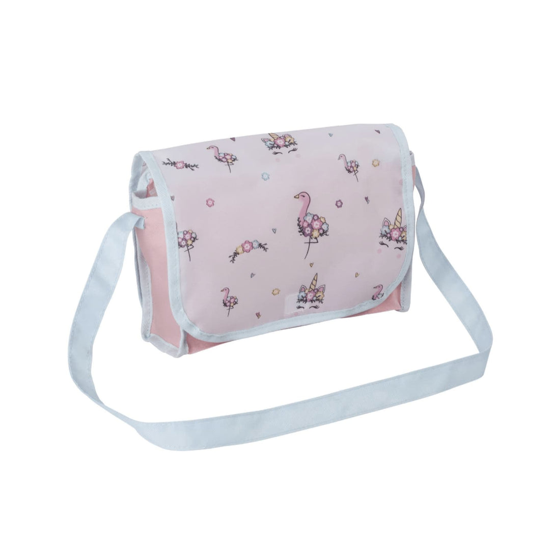 A pink messenger-style pram bag featuring whimsical illustrations of flamingos, flowers, and butterflies. The bag has a white strap and a matching border, giving it a delicate and playful appearance. Ideal for carrying baby essentials