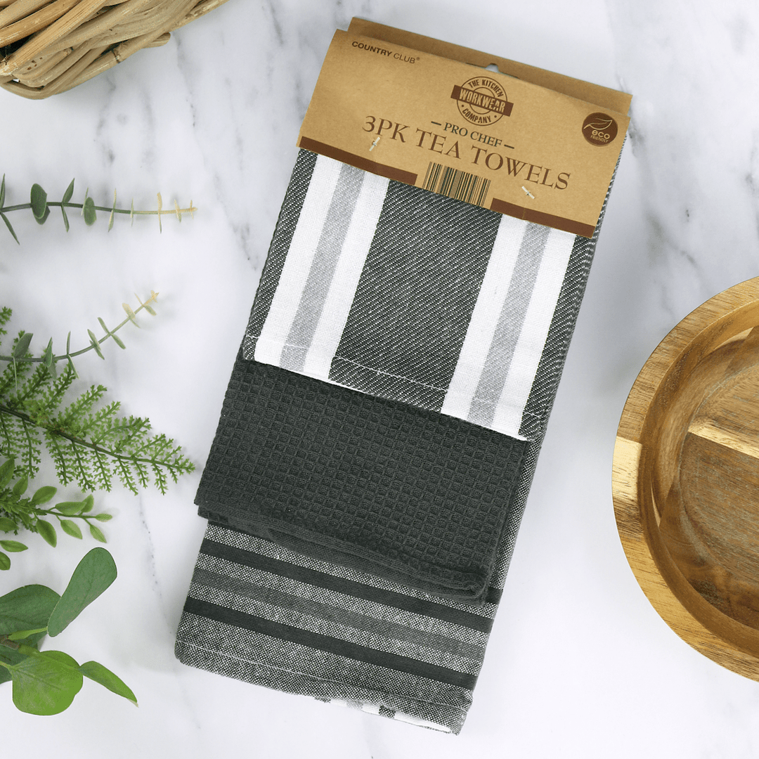 Eco Friendly Pro Chef Kitchen Tea Towels Grey Stripe Pack Of 3