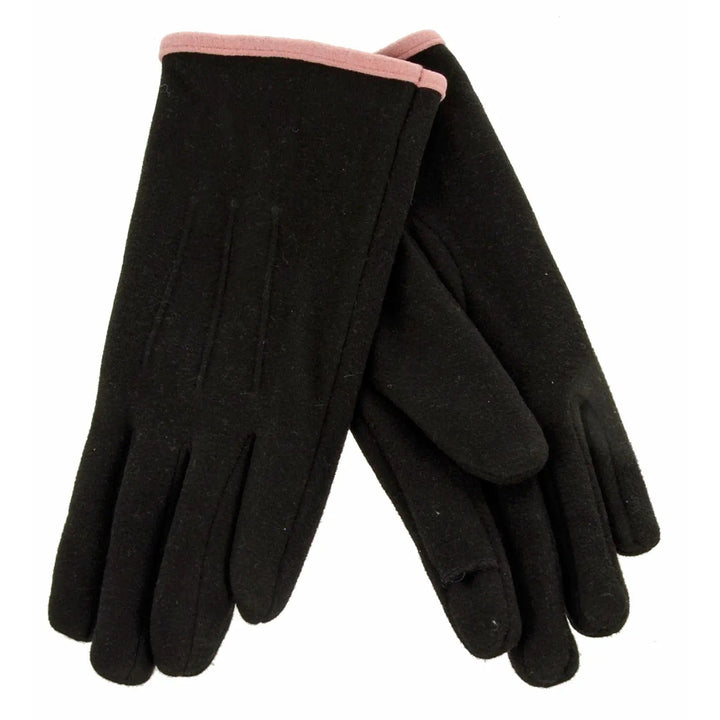 Black fleece gloves with pink trim