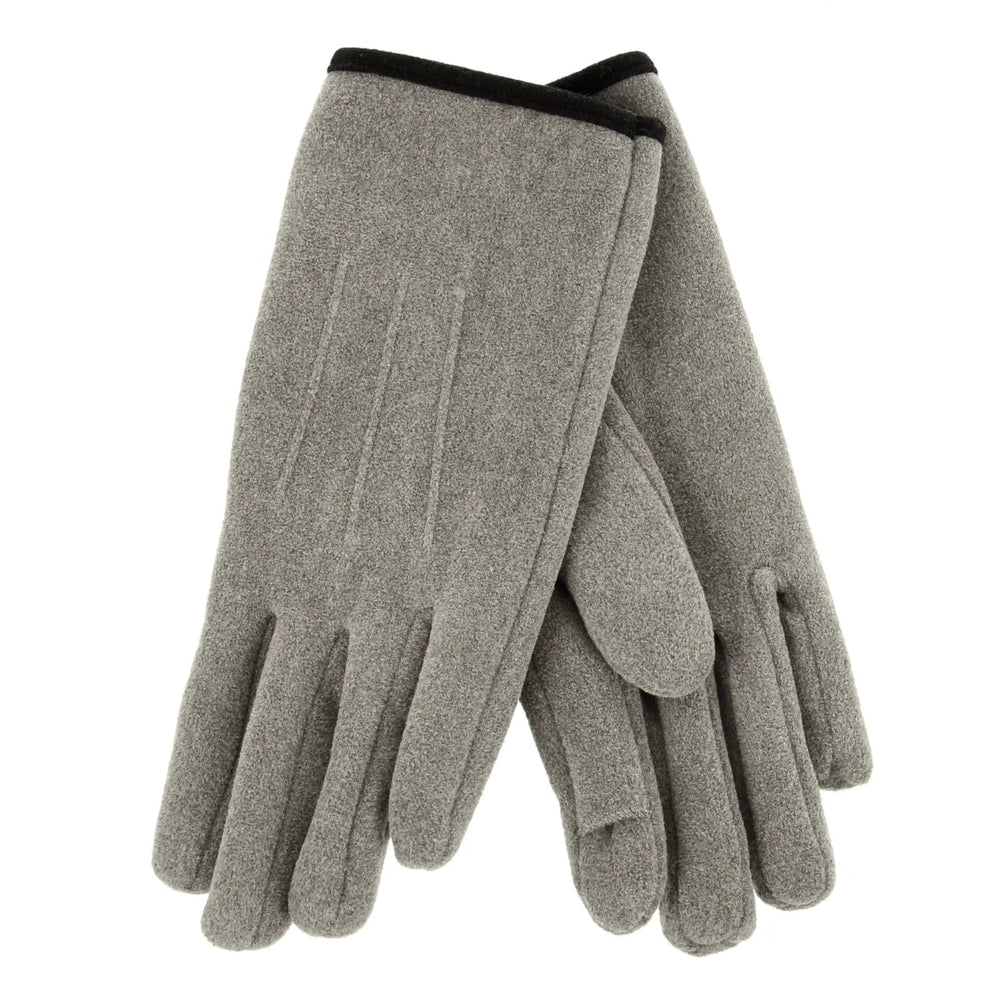 Grey fleece gloves with black trim at cuff