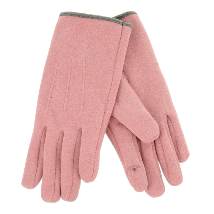 Pink fleece gloves with grey trim at cuff