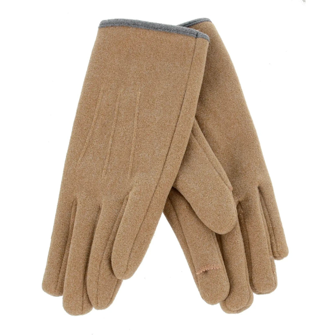 Camel colour, beige fleece gloves with grey trim at cuff