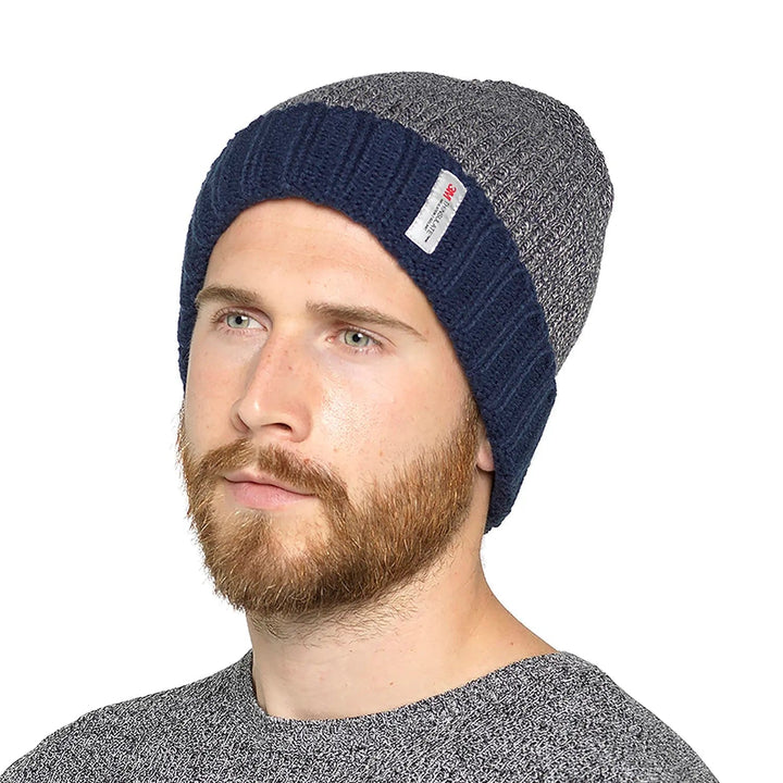 Man wearing a 3M Thinsulate beanie hat in navy and grey marl with wide brim