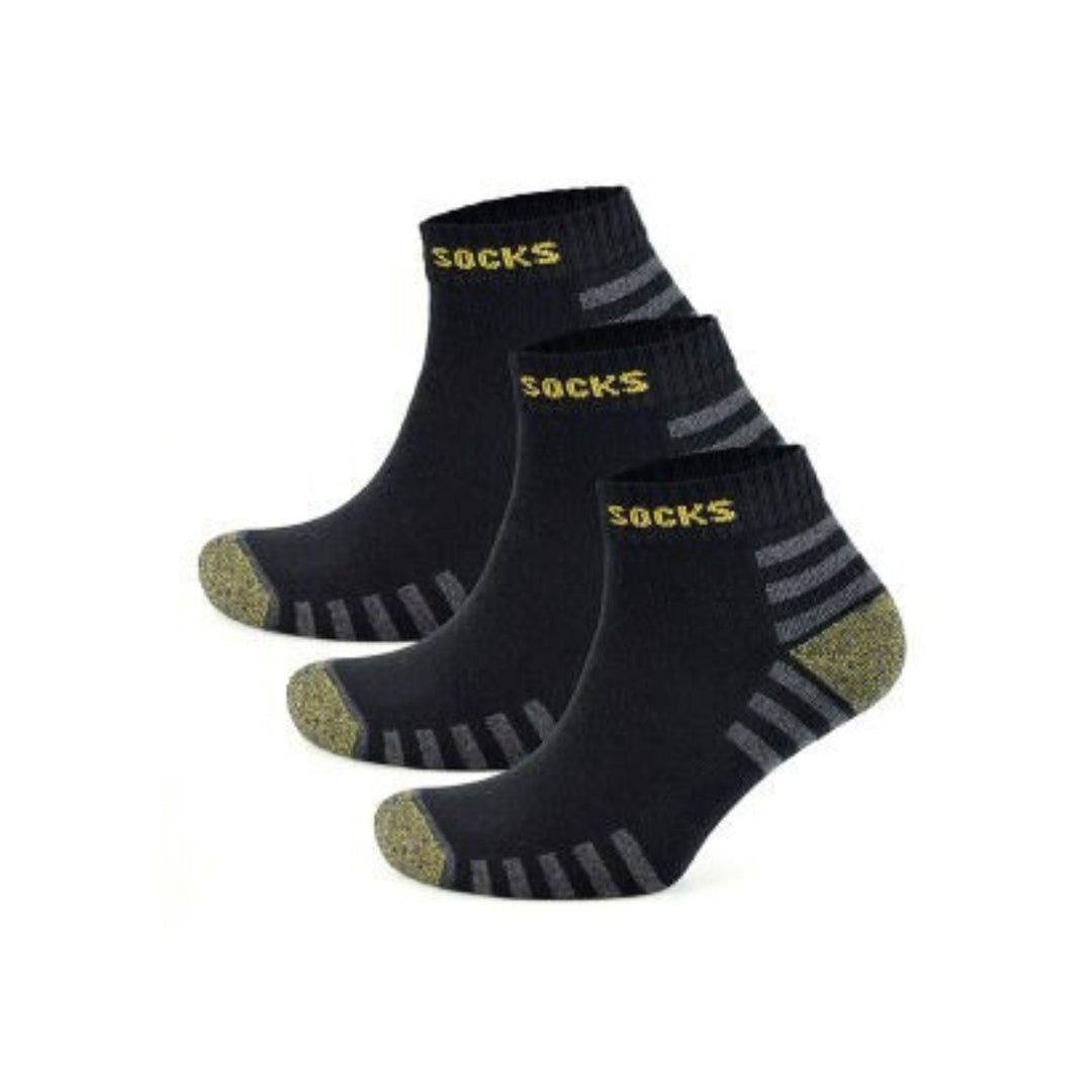 Three pairs of black socks with gray stripes and 'SOCKS' text on a white background
