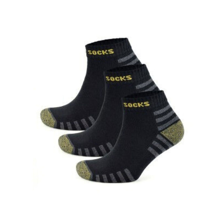 Three pairs of black socks with gray stripes and 'SOCKS' text on a white background