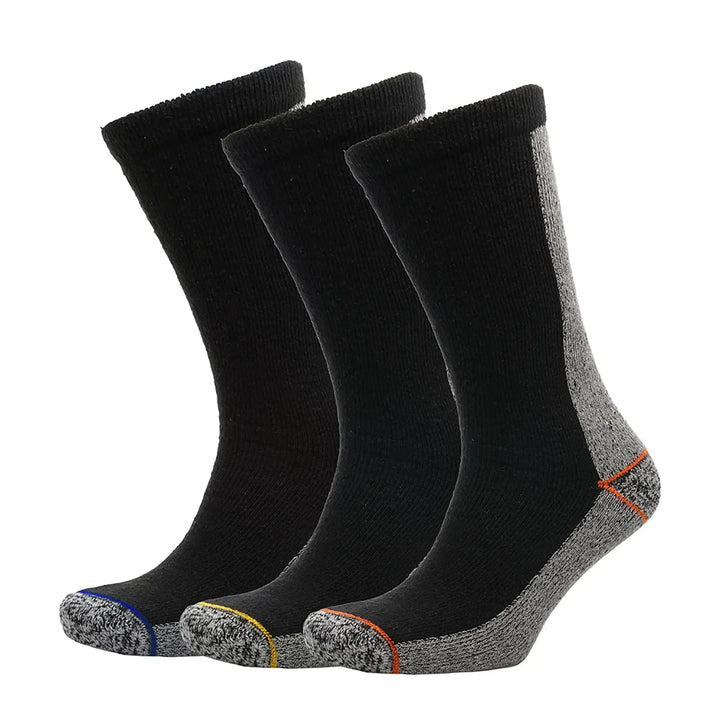 3pairs of mens black work socks with grey and colour band at the heel and toe