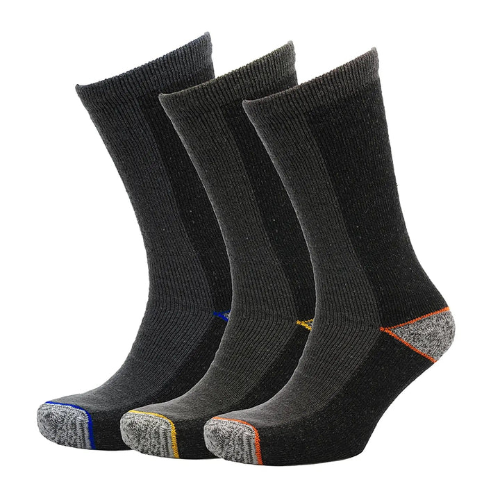 3pairs of mens black work socks with dark grey and colour band at the heel and toe