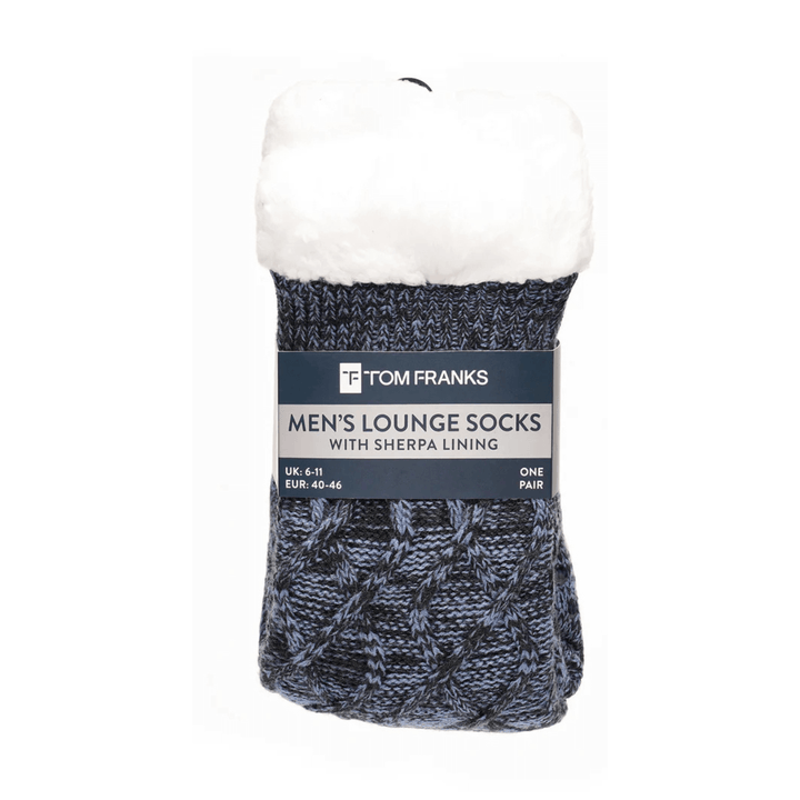 mens blue diamond knit lounge socks with sherpa lining in packaging