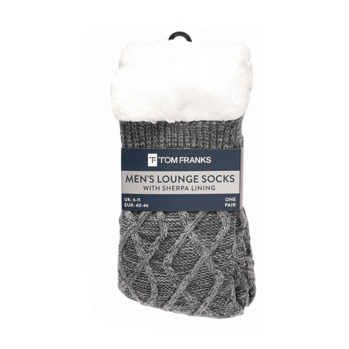 mens grey diamond knit lounge socks with sherpa lining in packaging