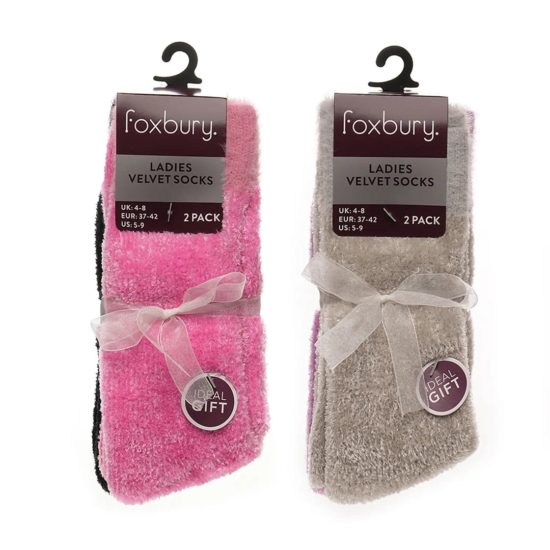 Foxbury packs of ladies velvet socks with bow packaging, ideal as a gift