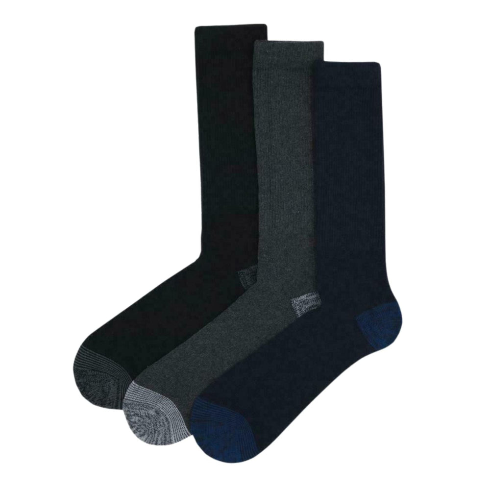 Three pairs of black, gray, and navy socks on a white background