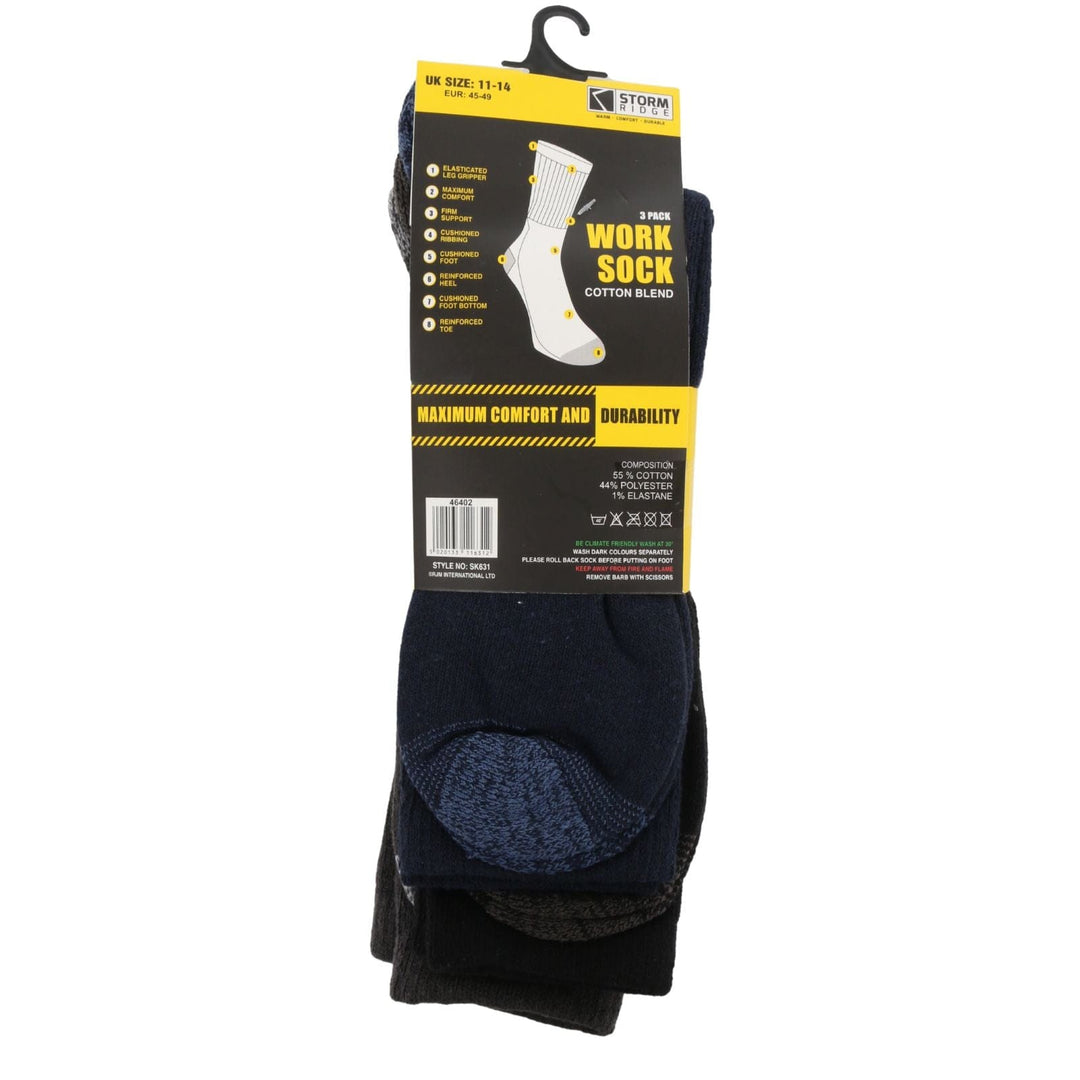 Pack of black work socks with a yellow label on a white background