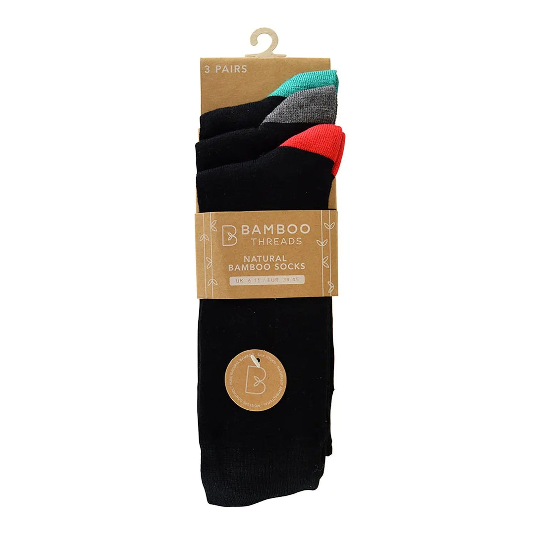 pack of  pairs of natural bamboo socks in black with red, grey and red colour heels and toes